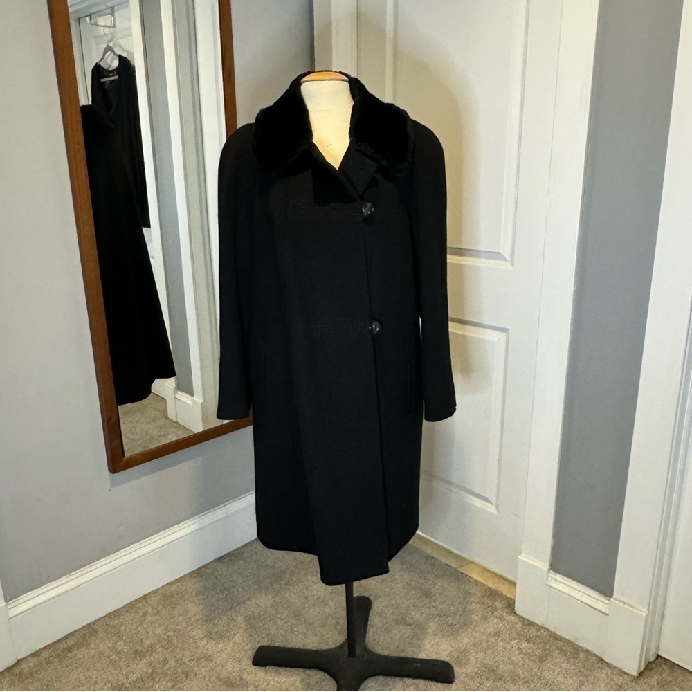 Alorna Black Wool Coat with Fur Collar Midi Lenghth, long - Picture 2 of 16